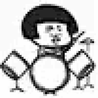 a black and white drawing of a penguin holding a drum and a microphone .