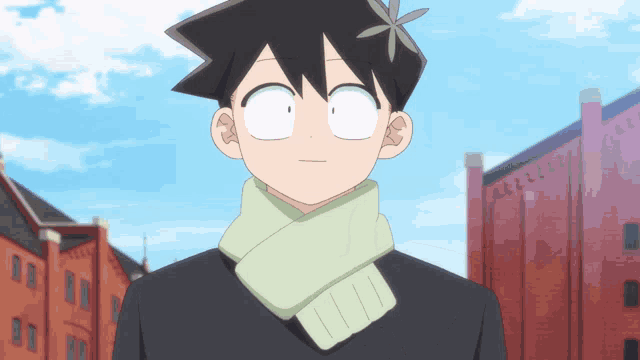 a cartoon character with a scarf around his neck is standing in front of a brick building