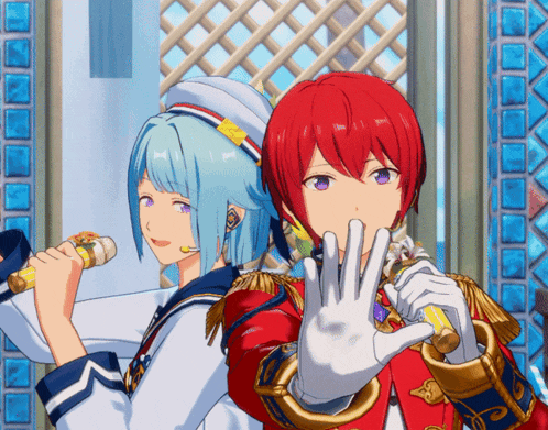 two anime characters are standing next to each other