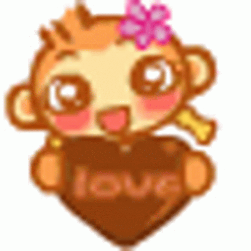 a cartoon monkey with a flower in its hair is holding a heart that says `` love '' .