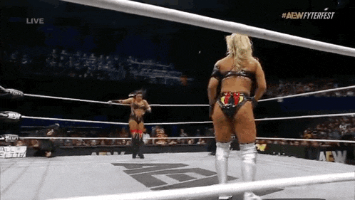a woman is standing in a wrestling ring with a referee .