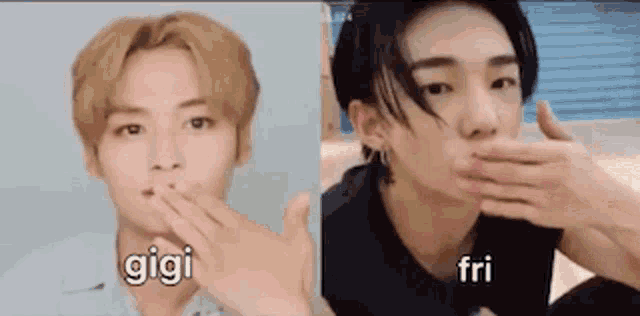 two pictures of a young man covering his mouth with his hand .
