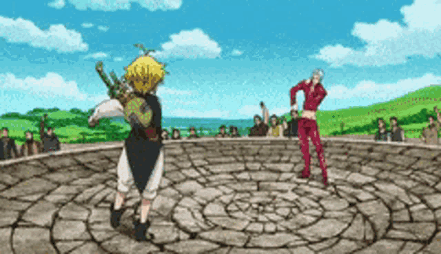 two anime characters are dancing in a circle on a stone floor