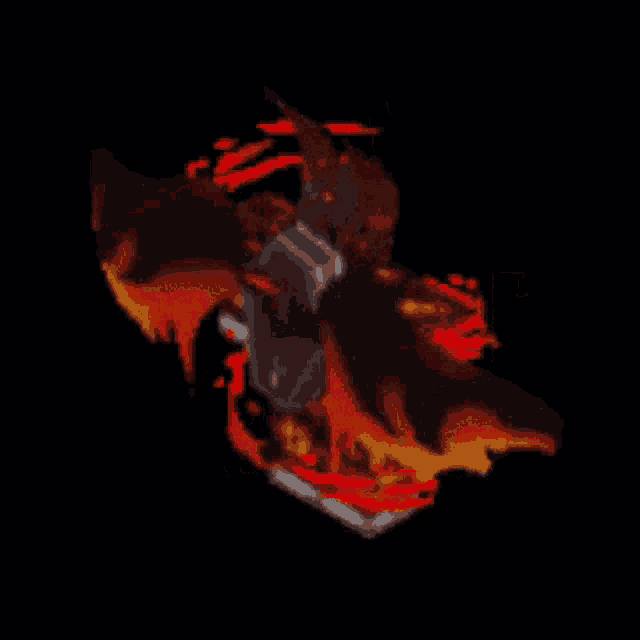 a demon with wings and horns is flying through the air in a black background .