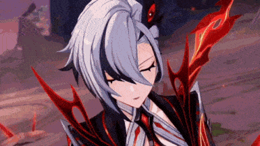 a girl with white hair and red eyes is holding a sword in her hand in a video game .