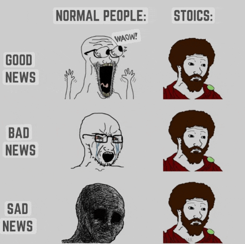 a cartoon of a man with a beard says good news bad news sad news and stoics