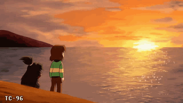 a cartoon of a girl and a dog looking at the sunset with the watermark tc- 96