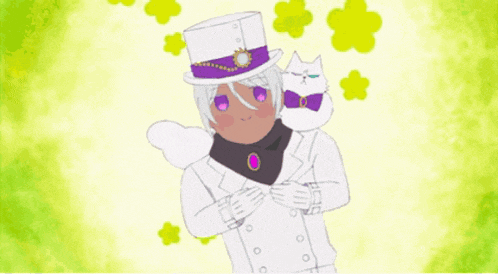 a cartoon character with a cat on his shoulder is wearing a top hat .