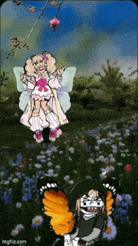 a picture of a fairy and a butterfly in a field of flowers