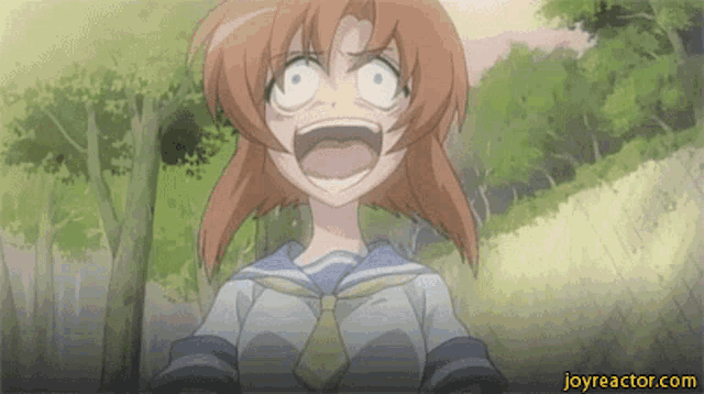 a girl in a sailor suit is screaming with joyreactor.com in the bottom right corner