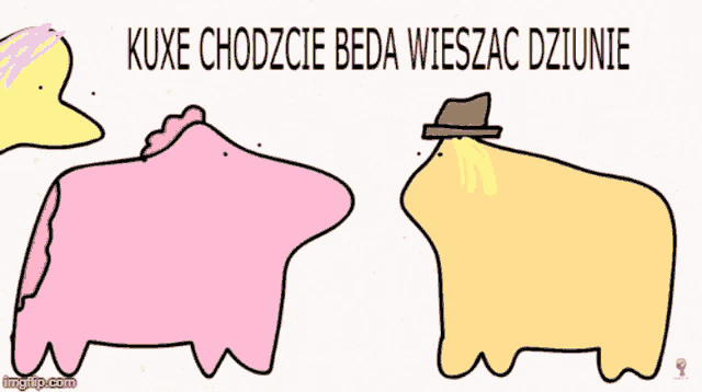 a cartoon of a cow wearing a hat with the words kuxe chodzcie beda wieszac dziunie below it