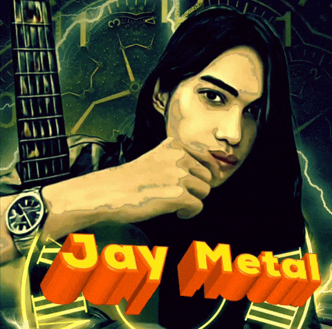a woman 's face is surrounded by a guitar and the words jay metal