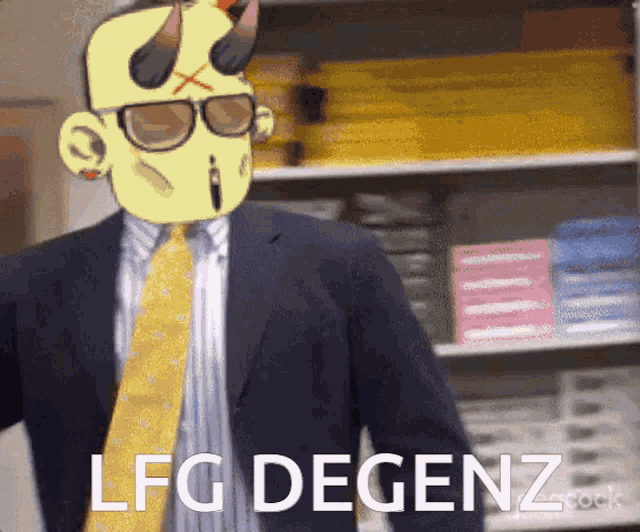 a man in a suit and tie says lfg degenz in front of a shelf full of books