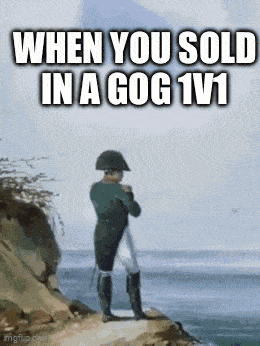 napoleon is standing on a cliff overlooking the ocean with the caption when you sold in a gog 1v1 .