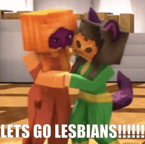 a couple of cartoon characters hugging with the words lets go lesbians