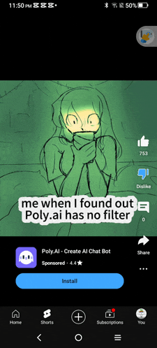 a phone screen shows a drawing of a girl with the words me when i found out poly ai has no filter
