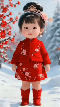 a little girl in a red dress is standing in the snow in front of a tree .