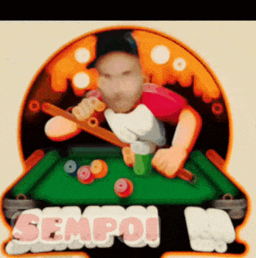 a cartoon of a man playing pool with the words sempoi in the corner