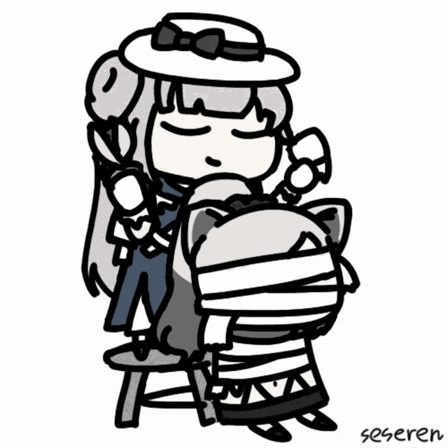 a drawing of a girl sitting on a stool with the name seseren written below her