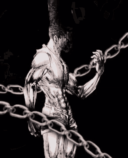 a black and white drawing of a person holding a chain