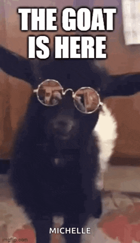 a goat wearing sunglasses is standing in front of a sign that says the goat is here .