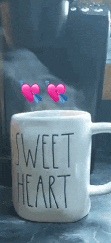 a white coffee mug that says sweet heart with hearts coming out of it