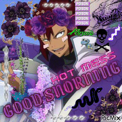 a picture of a man with purple flowers on his head and the words good morning hot mess