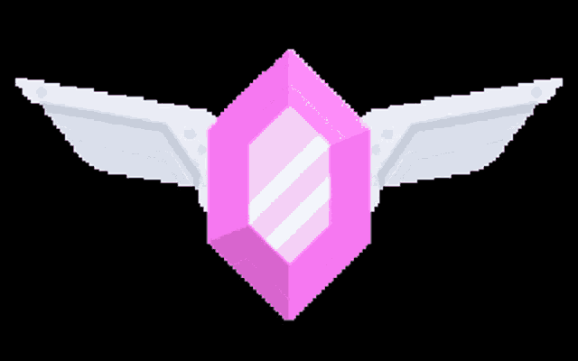 a pixel art illustration of a pink diamond with white wings on a black background .