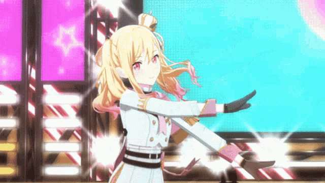 a blonde anime girl is dancing on a stage with her arms outstretched