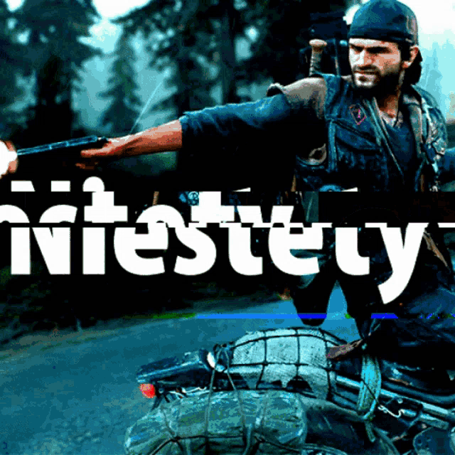a man is riding a motorcycle and holding a gun in front of a sign that says niestey