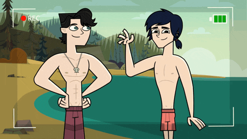 two cartoon characters are standing next to each other with a red rec button in the corner