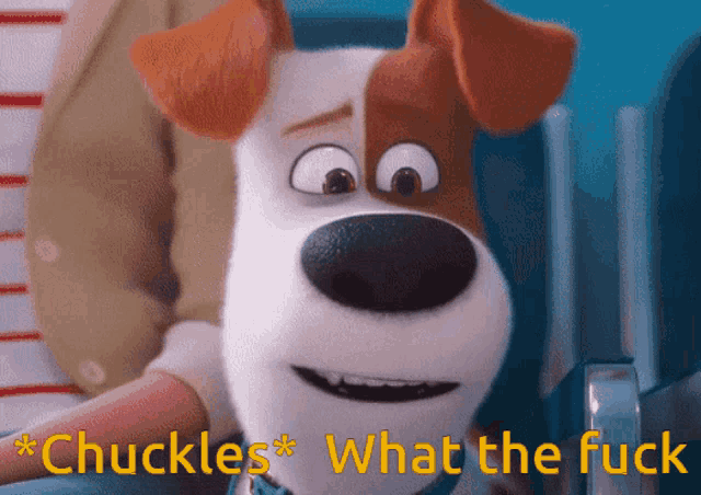 a cartoon dog says " chuckles what the fuck " in yellow letters