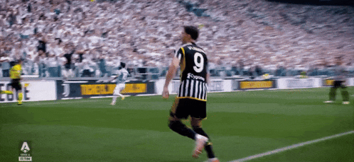 a soccer player wearing a number 9 jersey is running on the field