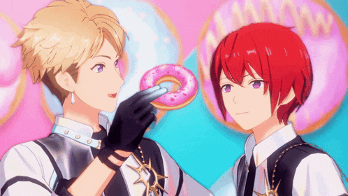 two anime characters are standing next to each other with one holding a donut