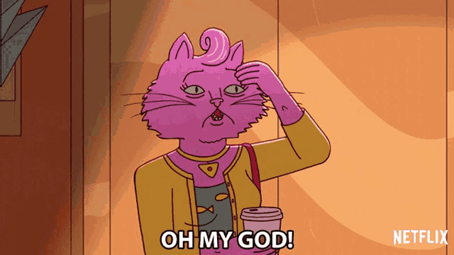a cartoon of a pink cat holding a cup of coffee and saying oh my god