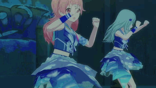 a girl with long white hair is standing next to another girl in a video game
