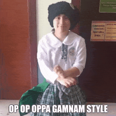 a girl in a school uniform with the words op op oppa gammam style on the bottom