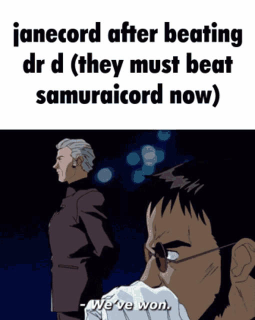 a cartoon of a man saying janecord after beating dr d