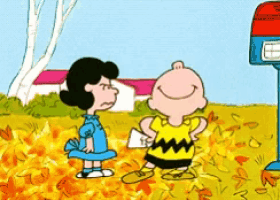 a cartoon of lucy and charlie brown standing next to each other