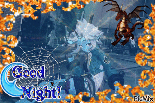a good night greeting card with a dragon and spider web