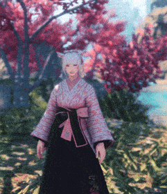 a girl in a pink and black kimono is standing in front of a tree with pink flowers