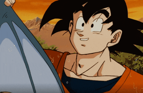 a cartoon character named goku is smiling and holding a piece of paper