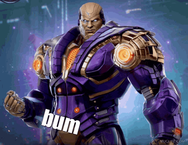 a man in a purple suit has the word bum written on his chest