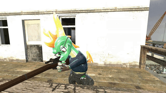 a cartoon character is holding a gun in front of a white wall