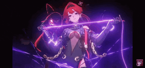a girl with red hair is holding a purple light