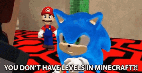 a cartoon of sonic the hedgehog and mario saying `` you don 't have levels in minecraft '' .