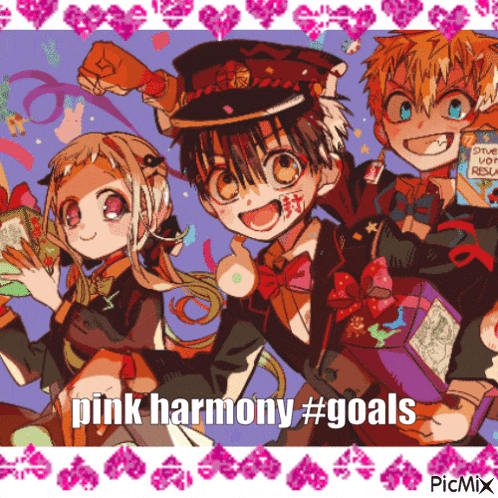 a picture of a group of anime characters with the words pink harmony #goals