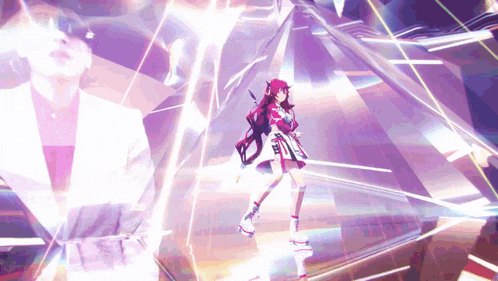 a girl with red hair is standing in front of a purple background that says ' x ' on it