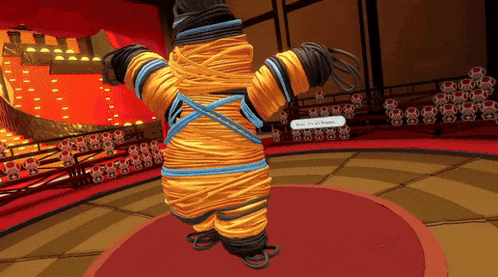 a cartoon character is wrapped in rope and has a sign that says " it 's all yours " on it