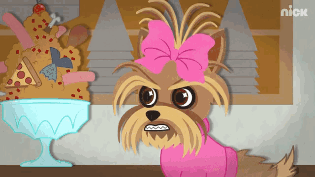 a cartoon dog with a pink bow stands in front of a bowl of food with the nick logo on the bottom right
